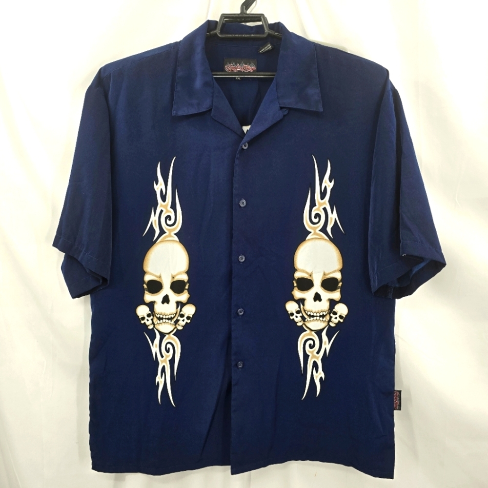 Vintage Sapphire Lounge Skulls Tribal Camp‎ Shirt Navy Blue Men's Size 2XL XXL.